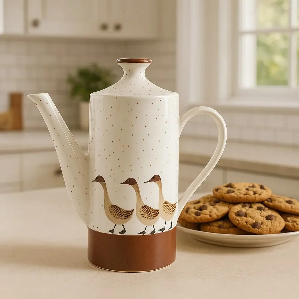 Wild Game Porcelain by Shafford Tall Speckled White & Brown Tea Pot With Geese
